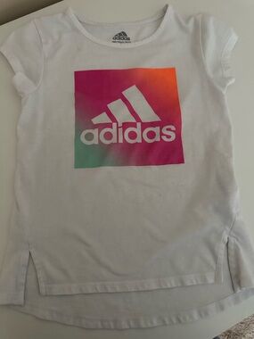 adidas White Tee with Pink, Orange & Teal Gradient Logo